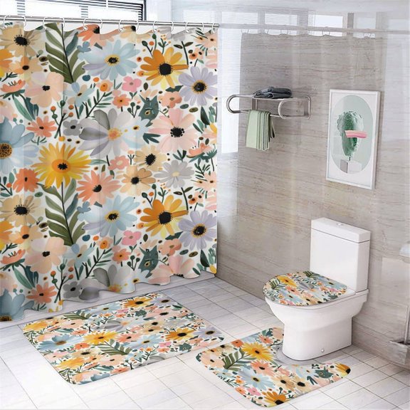 Floral Colorful Flower 4Pcs Shower Curtain Set Shower Curtain Set with Carpet Bath Mat