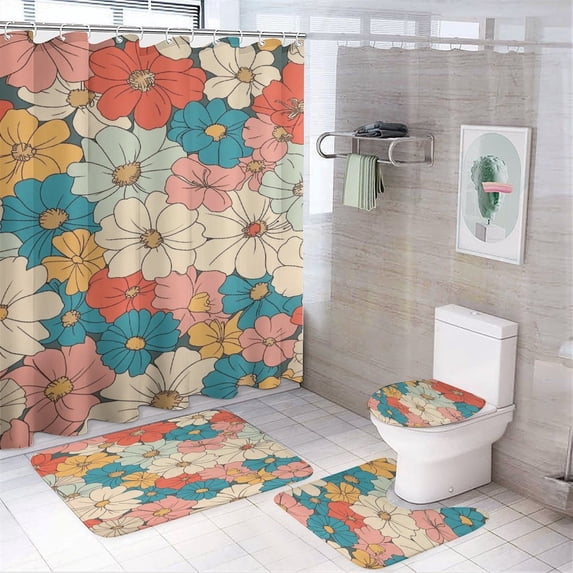 Floral Colorful Flower 4Pcs Shower Curtain Set Shower Curtain Set with Carpet Bath Mat