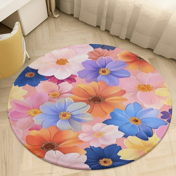 Floral Colorful Flower Floral Medallion Round Rug - Small Round Area Rug, Soft Non-Slip Machine Washable Bedroom Mat Indoor Accent Entry Carpet for Office Desk Dorm Hallway