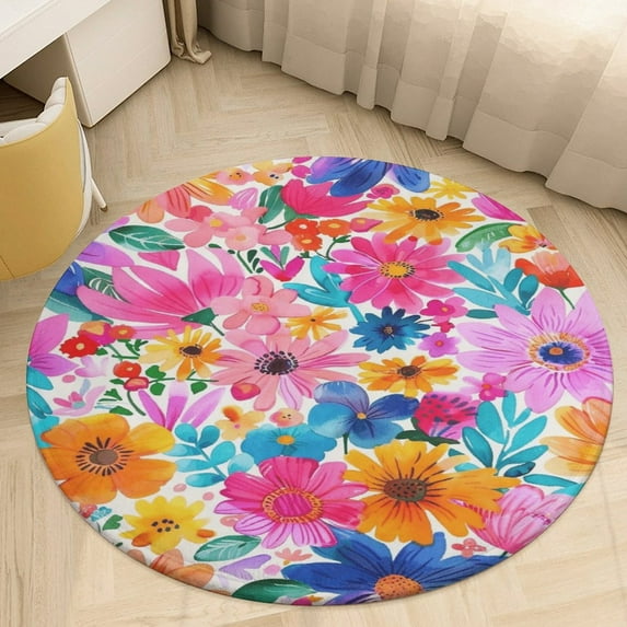 Floral Colorful Flower Floral Medallion Round Rug - Small Round Area Rug, Soft Non-Slip Machine Washable Bedroom Mat Indoor Accent Entry Carpet for Office Desk Dorm Hallway