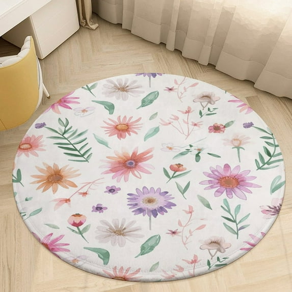 Floral Colorful Flower Floral Medallion Round Rug - Small Round Area Rug, Soft Non-Slip Machine Washable Bedroom Mat Indoor Accent Entry Carpet for Office Desk Dorm Hallway