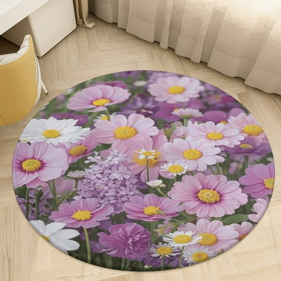 Floral Colorful Flower Floral Medallion Round Rug - Small Round Area Rug, Soft Non-Slip Machine Washable Bedroom Mat Indoor Accent Entry Carpet for Office Desk Dorm Hallway