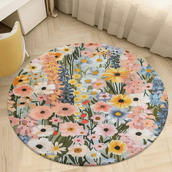 Floral Colorful Flower Floral Medallion Round Rug - Small Round Area Rug, Soft Non-Slip Machine Washable Bedroom Mat Indoor Accent Entry Carpet for Office Desk Dorm Hallway