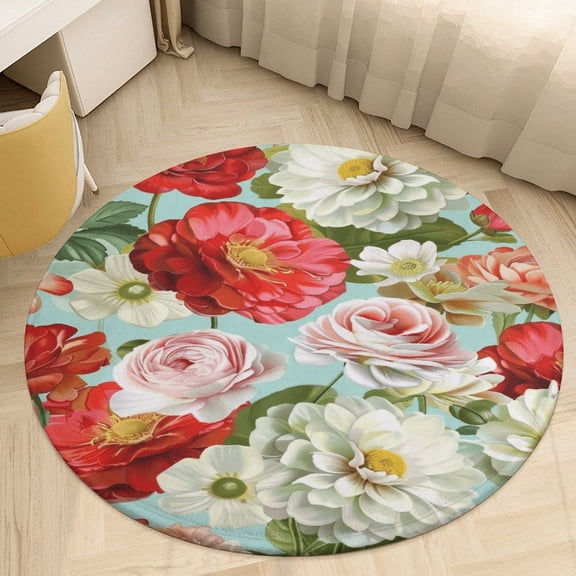 Floral Colorful Flower Floral Medallion Round Rug - Small Round Area Rug, Soft Non-Slip Machine Washable Bedroom Mat Indoor Accent Entry Carpet for Office Desk Dorm Hallway