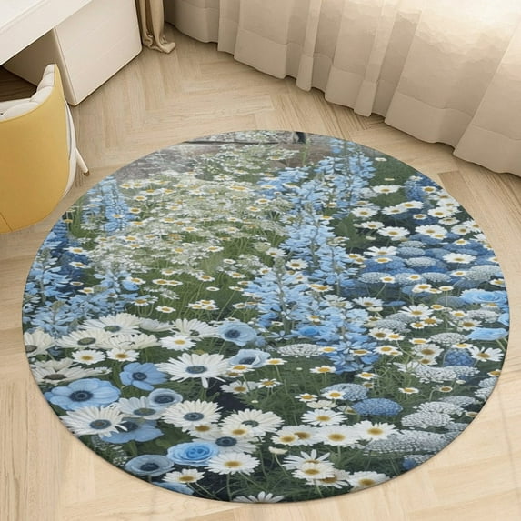Floral Colorful Flower Floral Medallion Round Rug - Small Round Area Rug, Soft Non-Slip Machine Washable Bedroom Mat Indoor Accent Entry Carpet for Office Desk Dorm Hallway