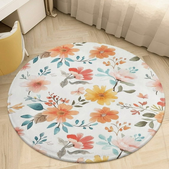 Floral Colorful Flower Floral Medallion Round Rug - Small Round Area Rug, Soft Non-Slip Machine Washable Bedroom Mat Indoor Accent Entry Carpet for Office Desk Dorm Hallway