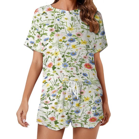 Floral Colorful Flower Pajama Set for Women 2 Piece Sleepwear Loungewear Short Sleeve