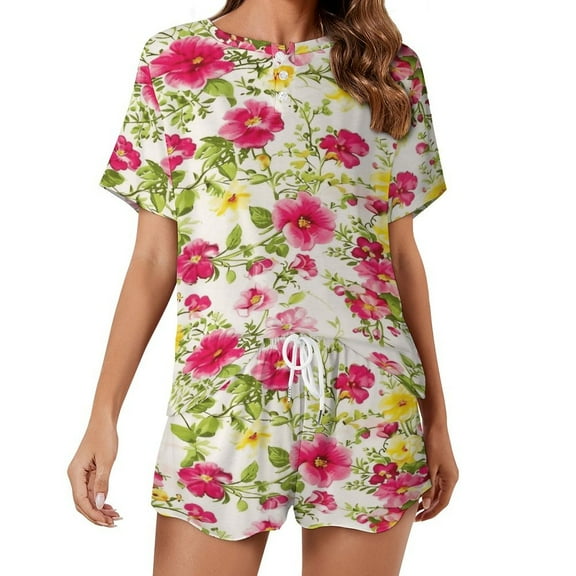 Floral Colorful Flower Pajama Set for Women 2 Piece Sleepwear Loungewear Short Sleeve
