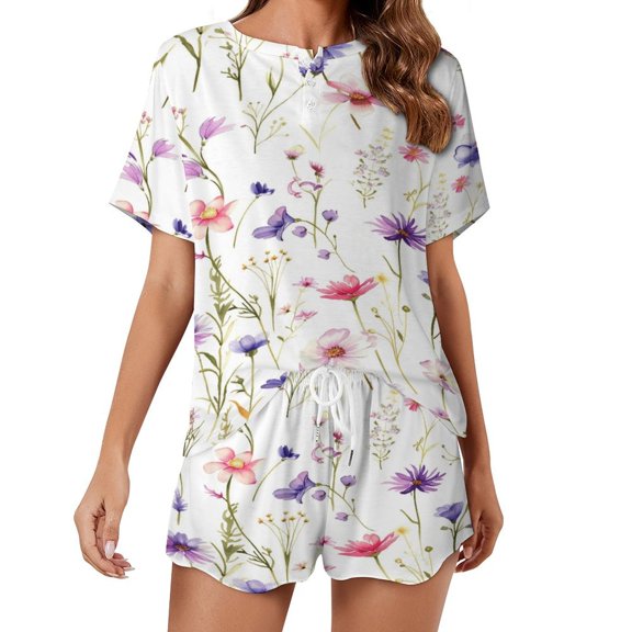 Floral Colorful Flower Pajama Set for Women 2 Piece Sleepwear Loungewear Short Sleeve