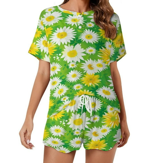 Floral Colorful Flower Pajama Set for Women 2 Piece Sleepwear Loungewear Short Sleeve