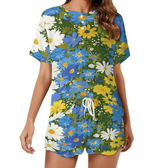 Floral Colorful Flower Pajama Set for Women 2 Piece Sleepwear Loungewear Short Sleeve