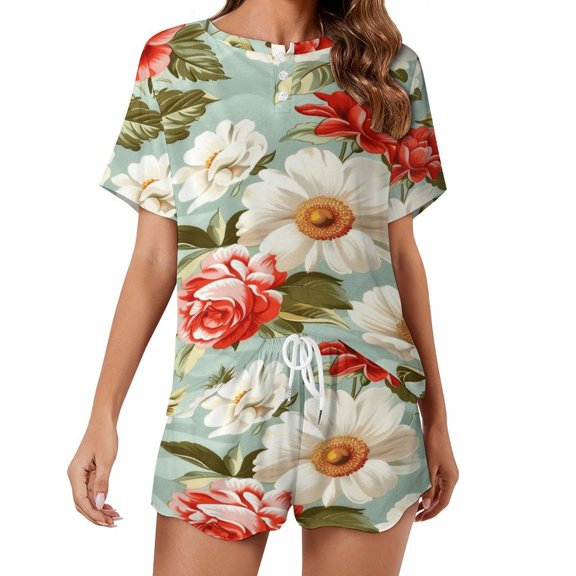 Floral Colorful Flower Pajamas Set Womens Loungewear Sleepwear 2 Piece PJ Sets