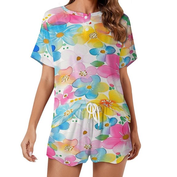 Floral Colorful Flower Pajamas Set Womens Loungewear Sleepwear 2 Piece PJ Sets