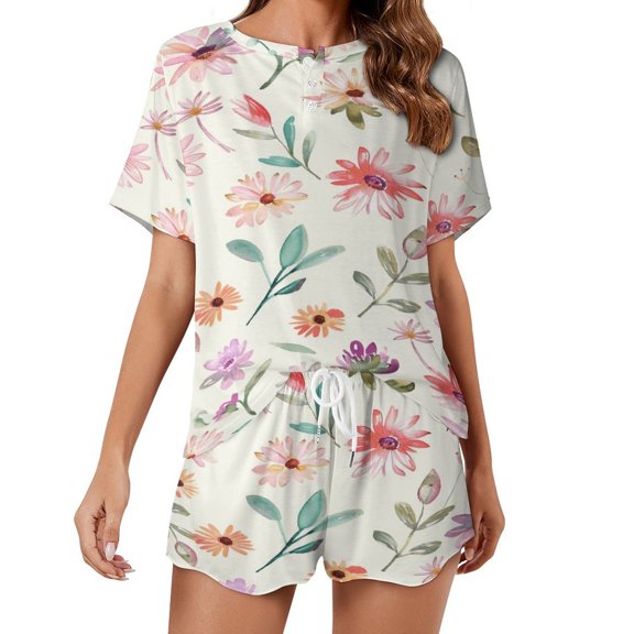 Floral Colorful Flower Pajamas Set Womens Loungewear Sleepwear 2 Piece PJ Sets