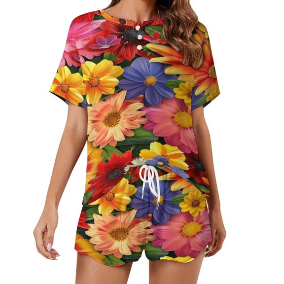 Floral Colorful Flower Print Women'S Pajamas Set Summer Sleepwear Sets 2 Piece Lounge Set