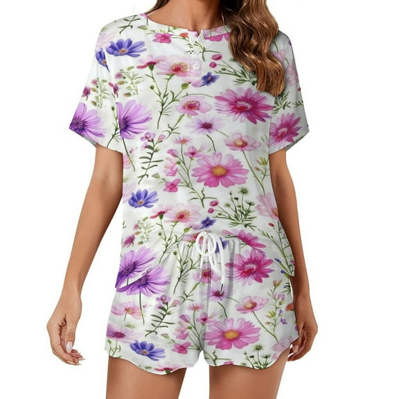 Floral Colorful Flower Print Women'S Pajamas Set Summer Sleepwear Sets 2 Piece Lounge Set