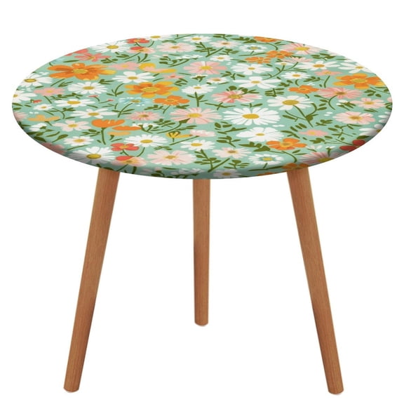 Floral Colorful Flower Round Fitted Tablecloth with Elastic Edged & Backing, Round Table Cover for Indoor Outdoor Patio Use Fits Tables Up to 40" - 54" Diameter