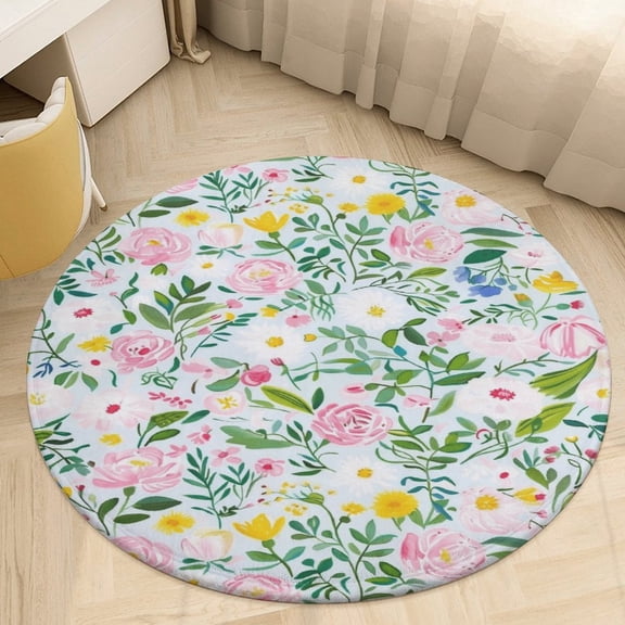 Floral Colorful Flower Round Rugs -Washable Non-Slip Small Round Area Rug Throw Soft Circle Rugs for Bedroom, Modern Print Indoor Carpet for Entryway Sofa Living Room