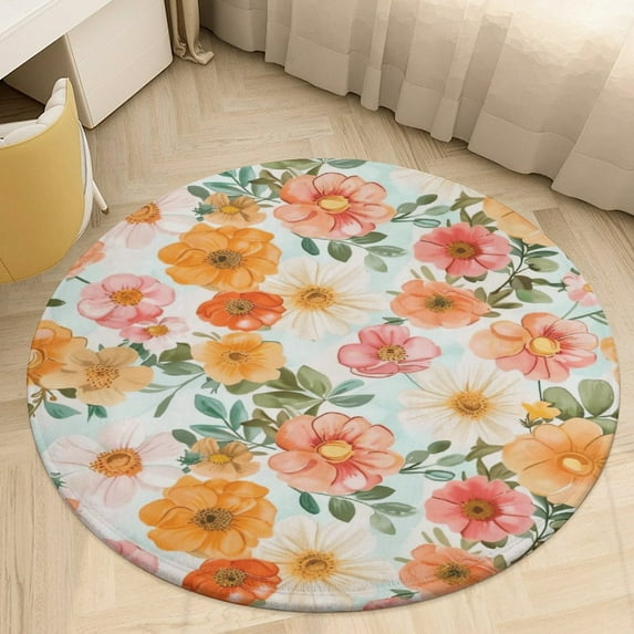 Floral Colorful Flower Round Rugs -Washable Non-Slip Small Round Area Rug Throw Soft Circle Rugs for Bedroom, Modern Print Indoor Carpet for Entryway Sofa Living Room