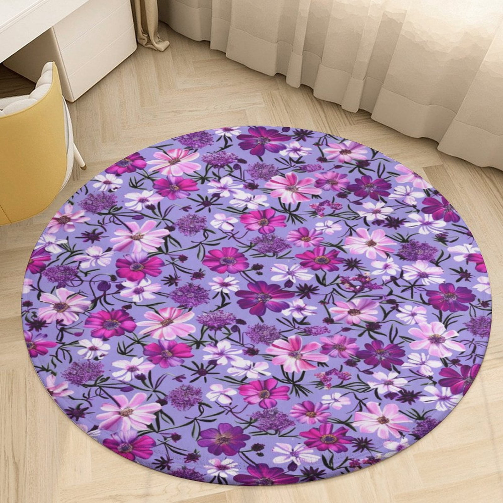 Floral Colorful Flower Round Small Area Rug, Print Non Slip Washable ...