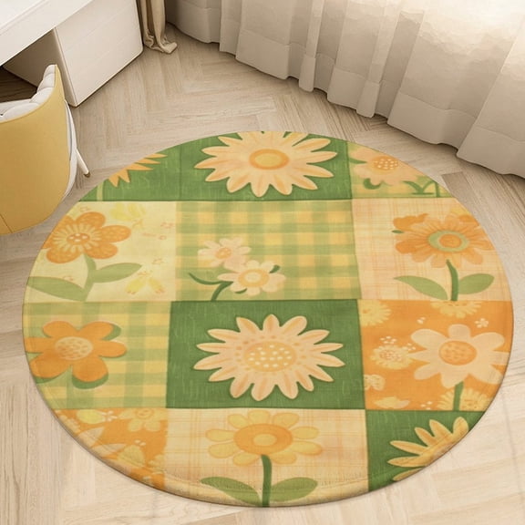 Floral Colorful Flower Round Small Area Rug, Print Non Slip Washable Floor Mat, Soft Throw Rug for Living Room, Powder Room Entryway, Bathroom, Bedside