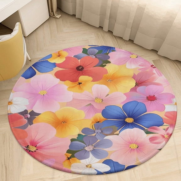 Floral Colorful Flower Round Small Area Rug, Print Non Slip Washable Floor Mat, Soft Throw Rug for Living Room, Powder Room Entryway, Bathroom, Bedside