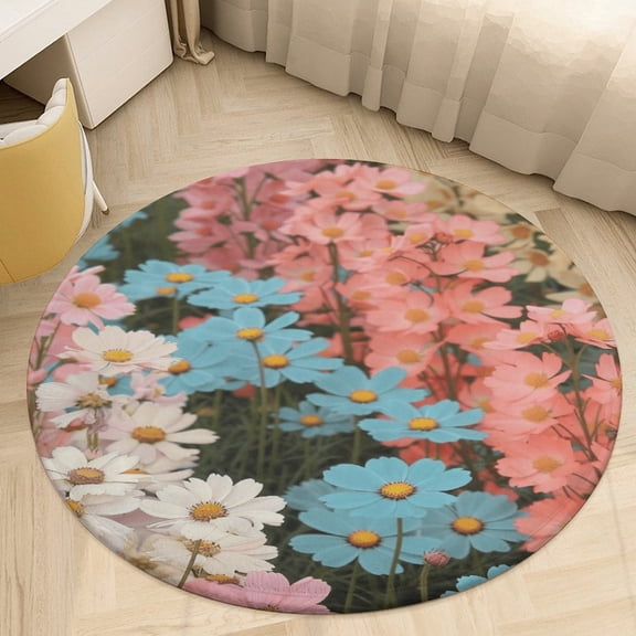 Floral Colorful Flower Round Small Area Rug, Print Non Slip Washable Floor Mat, Soft Throw Rug for Living Room, Powder Room Entryway, Bathroom, Bedside