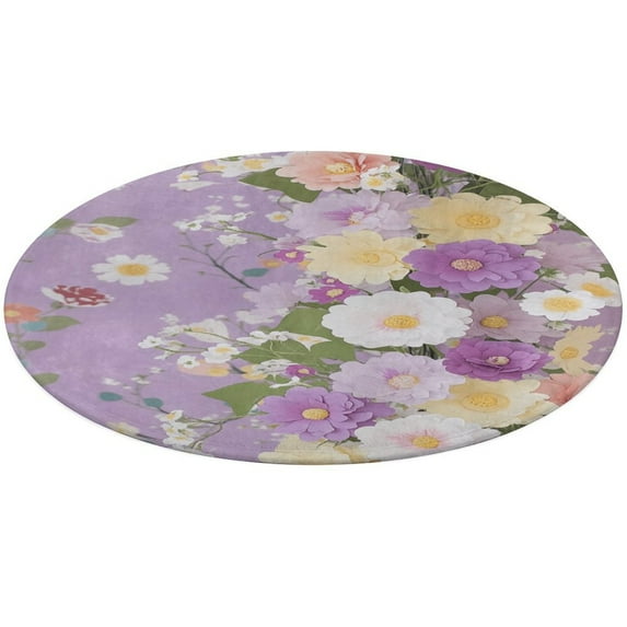 Floral Colorful Flower Round Small Area Rug, Print Non Slip Washable Floor Mat, Soft Throw Rug for Living Room, Powder Room Entryway, Bathroom, Bedside