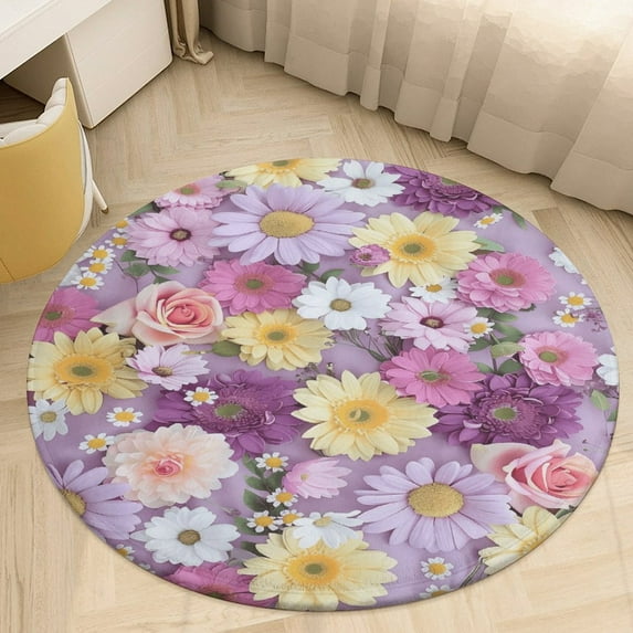 Floral Colorful Flower Round Small Area Rug, Print Non Slip Washable Floor Mat, Soft Throw Rug for Living Room, Powder Room Entryway, Bathroom, Bedside