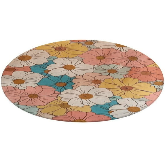 Floral Colorful Flower Soft Bedroom Round Area Rug, Washable Cute Nursery Circle Throw Mat, Non-Slip Contemporary Small Low Pile Floor Carpet for Dorm Bedside