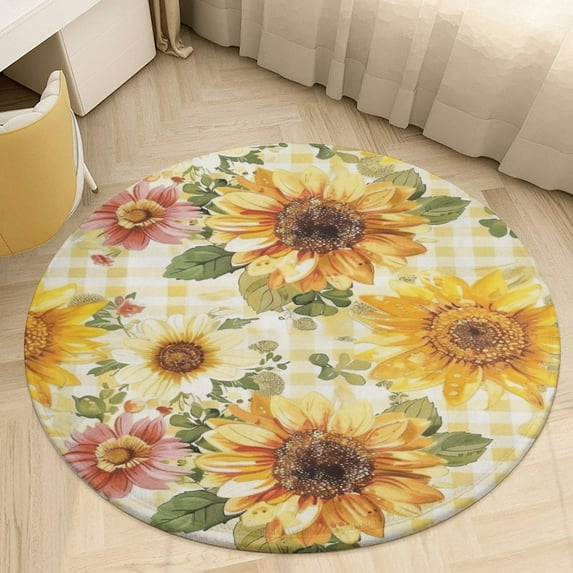 Floral Colorful Flower Soft Bedroom Round Area Rug, Washable Cute Nursery Circle Throw Mat, Non-Slip Contemporary Small Low Pile Floor Carpet for Dorm Bedside