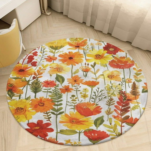 Floral Colorful Flower Soft Bedroom Round Area Rug, Washable Cute Nursery Circle Throw Mat, Non-Slip Contemporary Small Low Pile Floor Carpet for Dorm Bedside