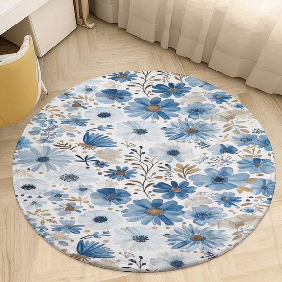 Floral Colorful Flower Soft Bedroom Round Area Rug, Washable Cute Nursery Circle Throw Mat, Non-Slip Contemporary Small Low Pile Floor Carpet for Dorm Bedside