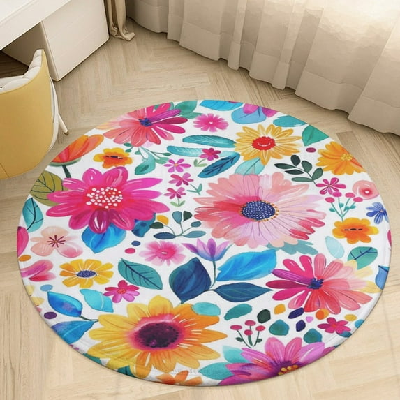 Floral Colorful Flower Soft Bedroom Round Area Rug, Washable Cute Nursery Circle Throw Mat, Non-Slip Contemporary Small Low Pile Floor Carpet for Dorm Bedside