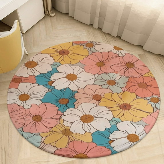 Floral Colorful Flower Soft Bedroom Round Area Rug, Washable Cute Nursery Circle Throw Mat, Non-Slip Contemporary Small Low Pile Floor Carpet for Dorm Bedside