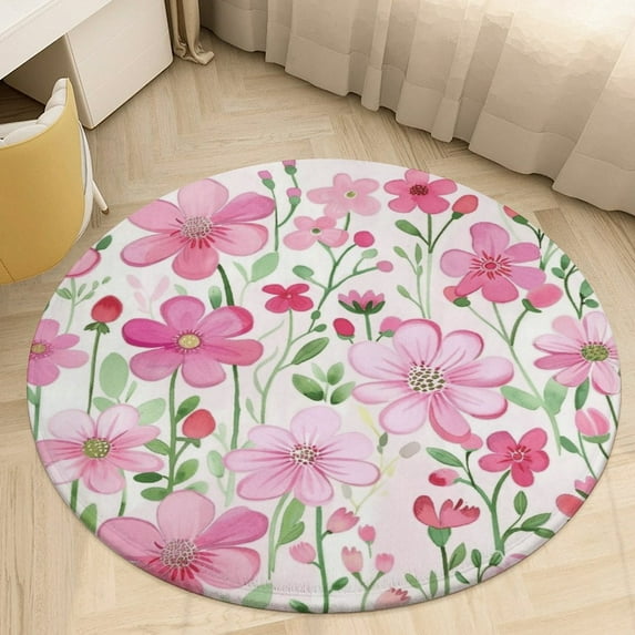 Floral Colorful Flower Soft Bedroom Round Area Rug, Washable Cute Nursery Circle Throw Mat, Non-Slip Contemporary Small Low Pile Floor Carpet for Dorm Bedside