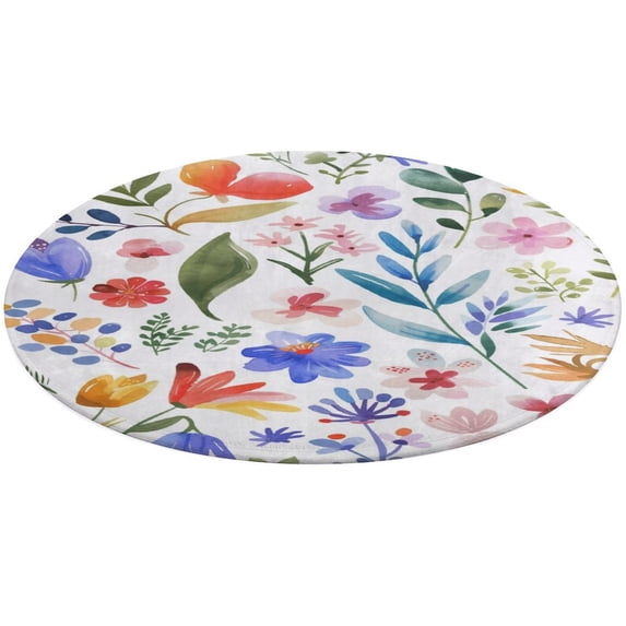 Floral Colorful Flower Soft Bedroom Round Area Rug, Washable Cute Nursery Circle Throw Mat, Non-Slip Contemporary Small Low Pile Floor Carpet for Dorm Bedside