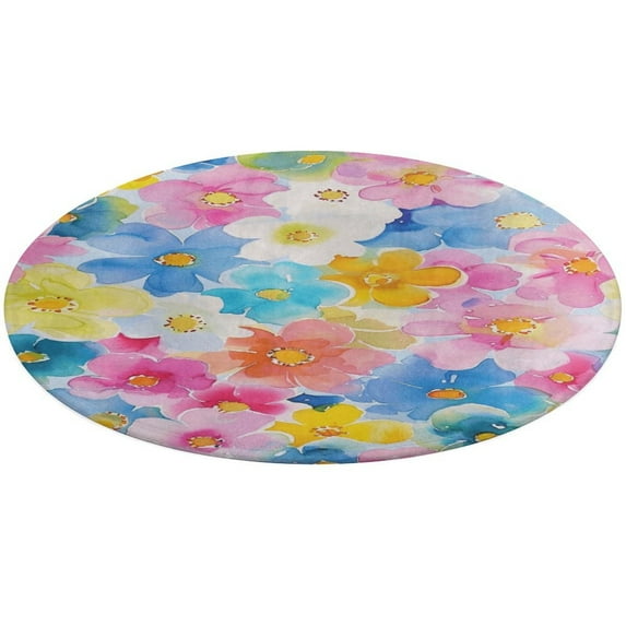 Floral Colorful Flower Soft Bedroom Round Area Rug, Washable Cute Nursery Circle Throw Mat, Non-Slip Contemporary Small Low Pile Floor Carpet for Dorm Bedside