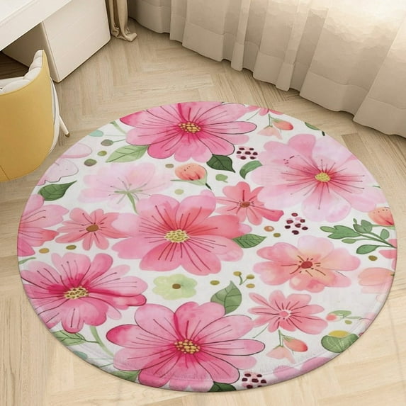 Floral Colorful Flower Soft Bedroom Round Area Rug, Washable Cute Nursery Circle Throw Mat, Non-Slip Contemporary Small Low Pile Floor Carpet for Dorm Bedside