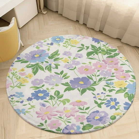 Floral Colorful Flower Soft Bedroom Round Area Rug, Washable Cute Nursery Circle Throw Mat, Non-Slip Contemporary Small Low Pile Floor Carpet for Dorm Bedside