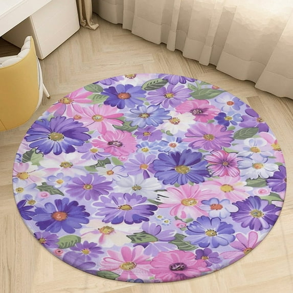 Floral Colorful Flower Soft Bedroom Round Area Rug, Washable Cute Nursery Circle Throw Mat, Non-Slip Contemporary Small Low Pile Floor Carpet for Dorm Bedside