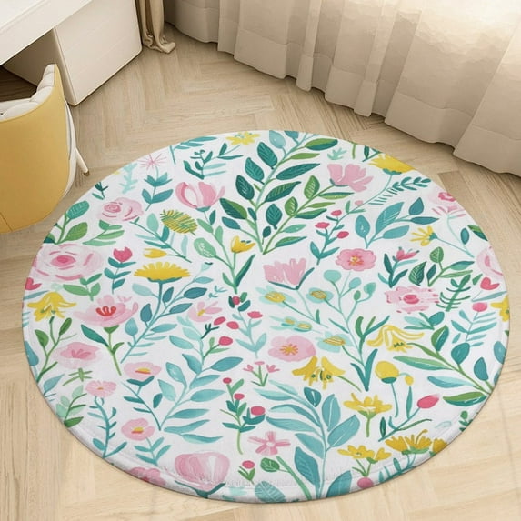 Floral Colorful Flower Soft Bedroom Round Area Rug, Washable Cute Nursery Circle Throw Mat, Non-Slip Contemporary Small Low Pile Floor Carpet for Dorm Bedside