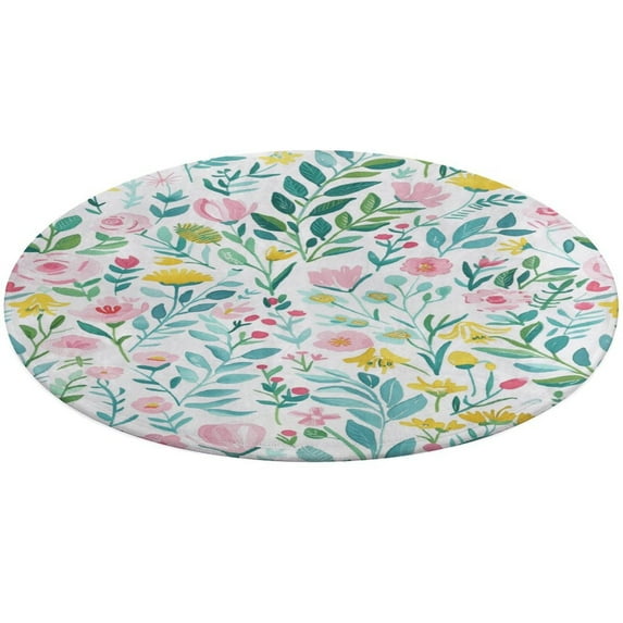 Floral Colorful Flower Soft Bedroom Round Area Rug, Washable Cute Nursery Circle Throw Mat, Non-Slip Contemporary Small Low Pile Floor Carpet for Dorm Bedside