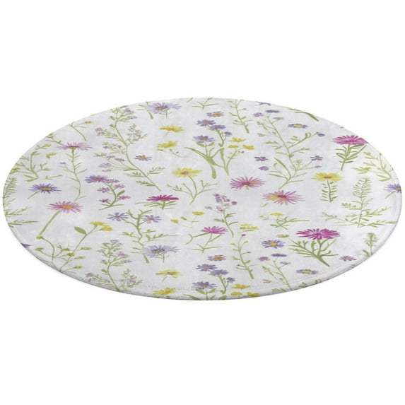 Floral Colorful Flower Soft Bedroom Round Area Rug, Washable Cute Nursery Circle Throw Mat, Non-Slip Contemporary Small Low Pile Floor Carpet for Dorm Bedside