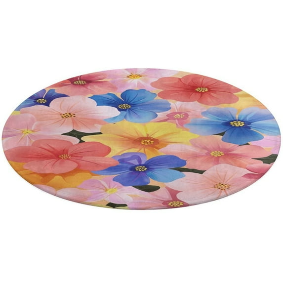 Floral Colorful Flower Soft Bedroom Round Area Rug, Washable Cute Nursery Circle Throw Mat, Non-Slip Contemporary Small Low Pile Floor Carpet for Dorm Bedside