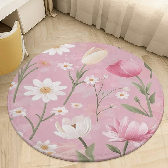 Floral Colorful Flower Soft Bedroom Round Area Rug, Washable Cute Nursery Circle Throw Mat, Non-Slip Contemporary Small Low Pile Floor Carpet for Dorm Bedside