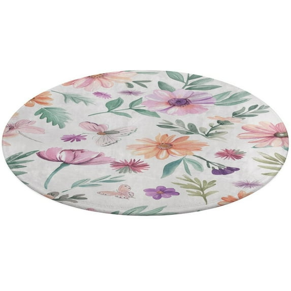 Floral Colorful Flower Soft Bedroom Round Area Rug, Washable Cute Nursery Circle Throw Mat, Non-Slip Contemporary Small Low Pile Floor Carpet for Dorm Bedside