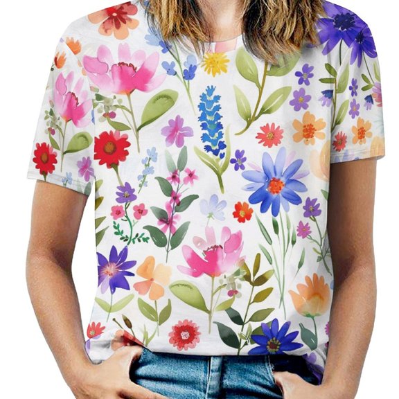 Floral Colorful Flower T Shirts Basic T-Shirt Short Sleeve Ladies Tee Shirt Summer Graphic Clothing