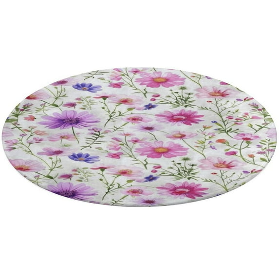 Floral Colorful Flower Washable Round Rug -Circle Area Rugs for Nursery Bedroom, Vintage Non Slip Non Shedding Low Pile Carpet for Living Room Coffee Table Entryway