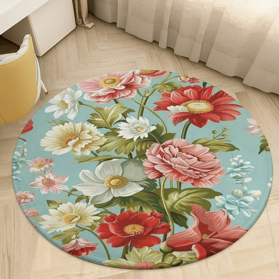 Floral Colorful Flower Washable Round Rug -Circle Area Rugs for Nursery Bedroom, Vintage Non Slip Non Shedding Low Pile Carpet for Living Room Coffee Table Entryway
